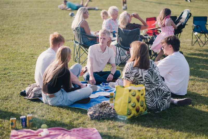 a group of people sitting on a blanket in a grassy field