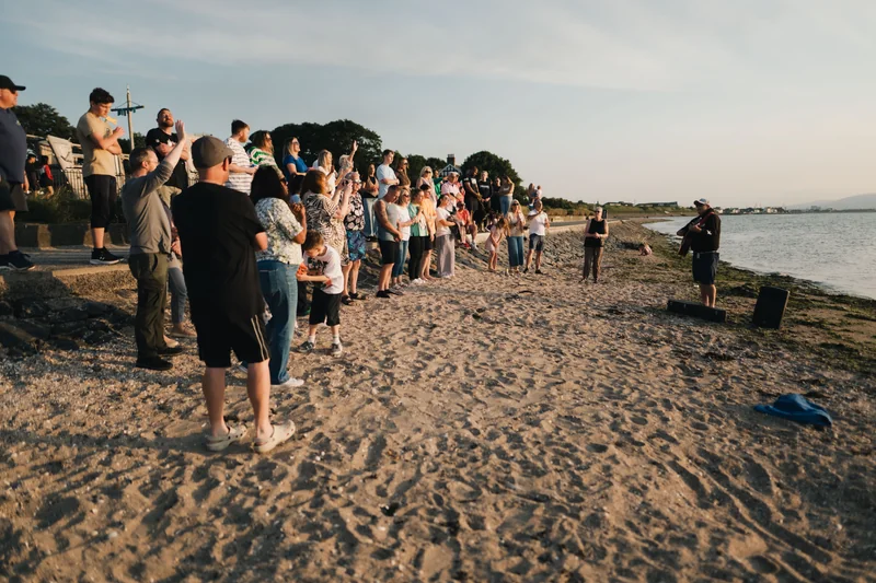 a group of people standing on a beach watching a sunset