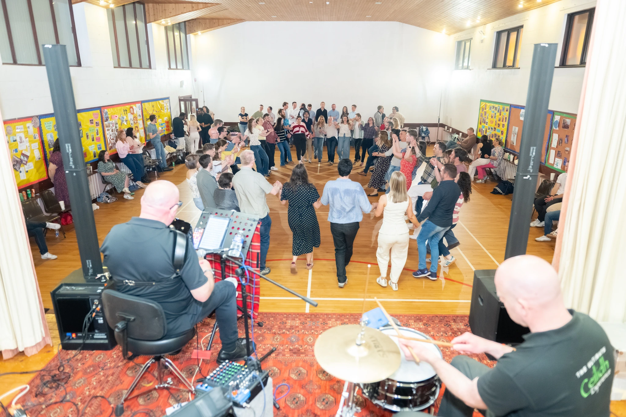 a group of people watching a band play in a large room