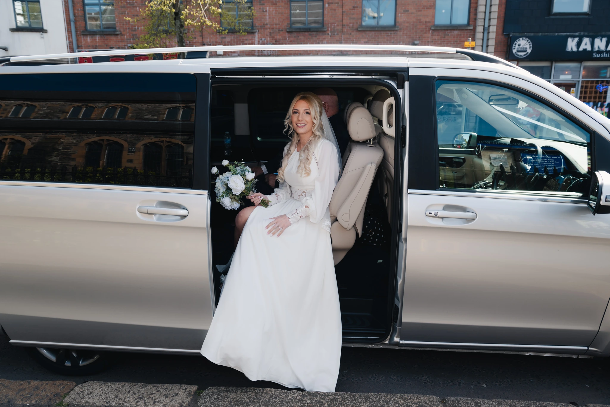 a bride in a mercedes benz vw van