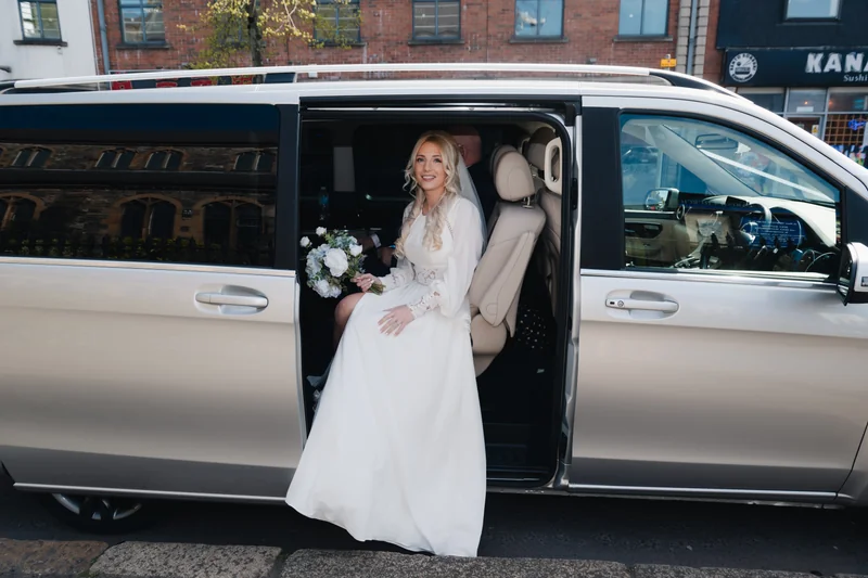 a bride in a mercedes benz vw van