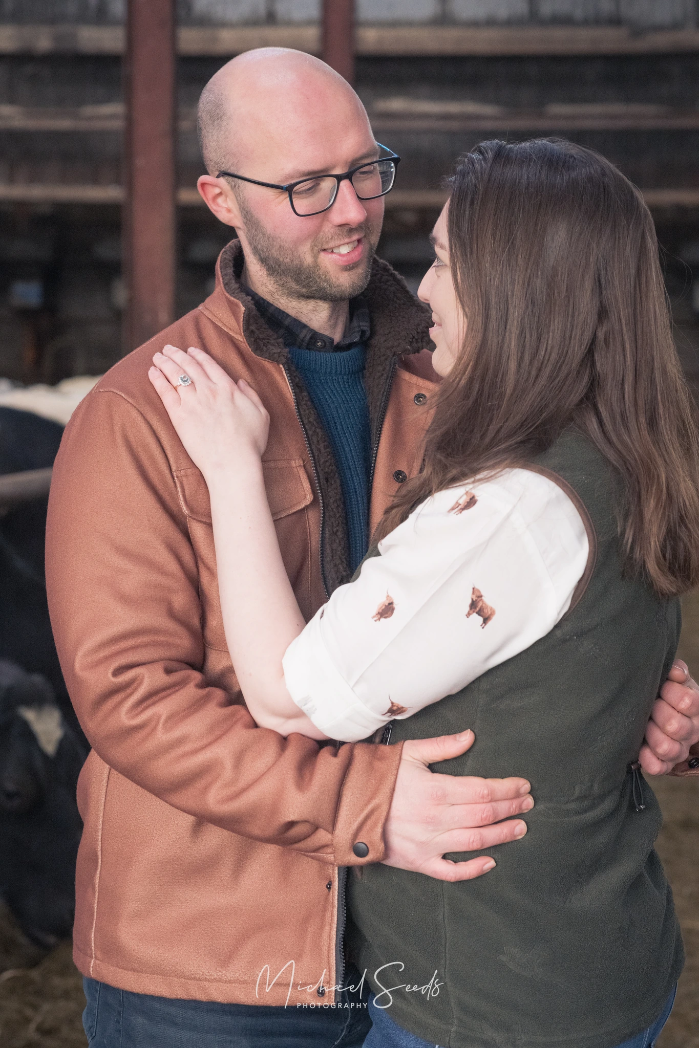 a couple hugging in front of a barn with cows in the background