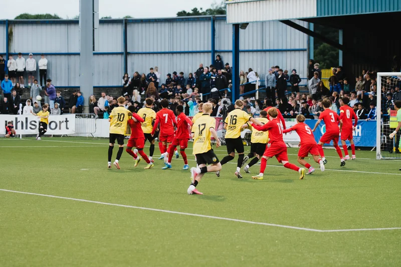 a group of soccer players celebrating a goal on a pitch